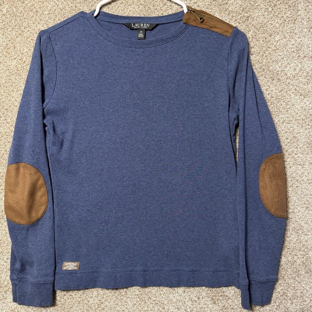 Lauren Ralph Lauren Blue Elbow-Patch Long Sleeve Shirt Tee Cotton Size M